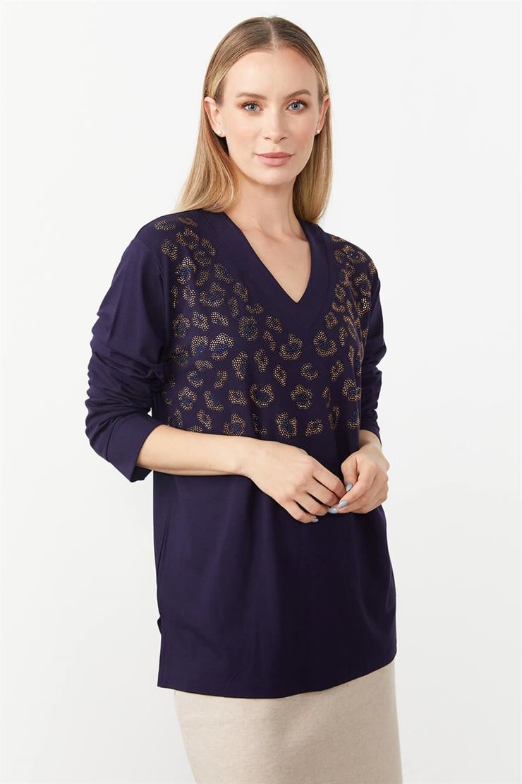 V Yaka Taş Detaylı Örme Bluz-LACİVERT