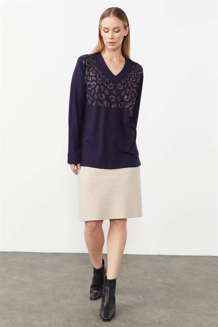V Yaka Taş Detaylı Örme Bluz-LACİVERT