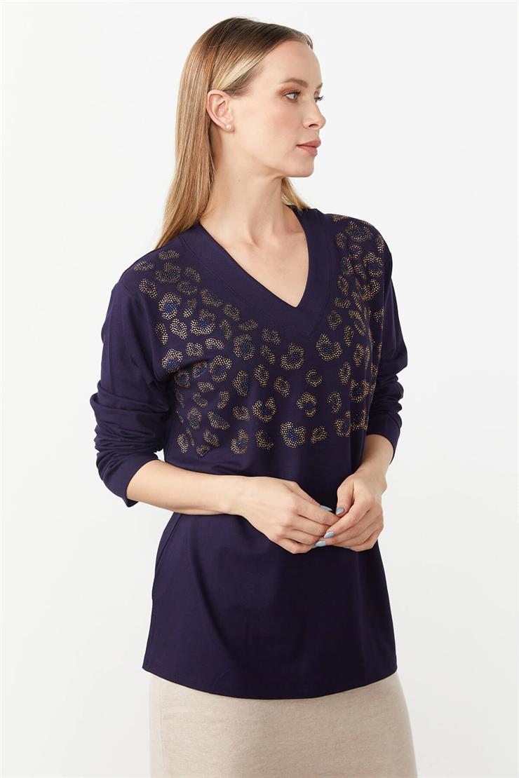 V Yaka Taş Detaylı Örme Bluz-LACİVERT
