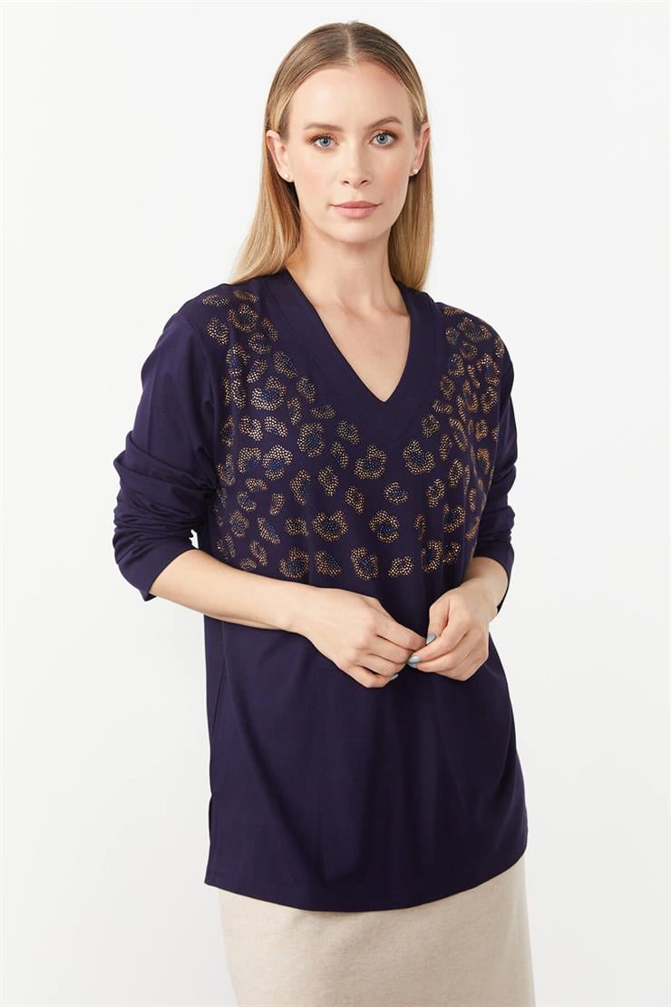 V Yaka Taş Detaylı Örme Bluz-LACİVERT