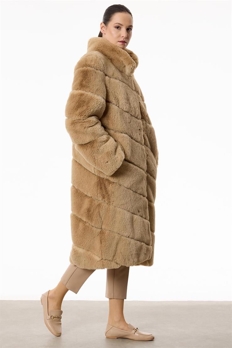 Verev Çizgili Max Boy Kürk Kaban CAMEL