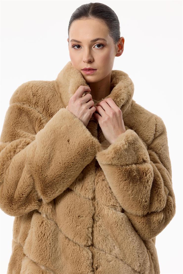 Verev Çizgili Max Boy Kürk Kaban CAMEL