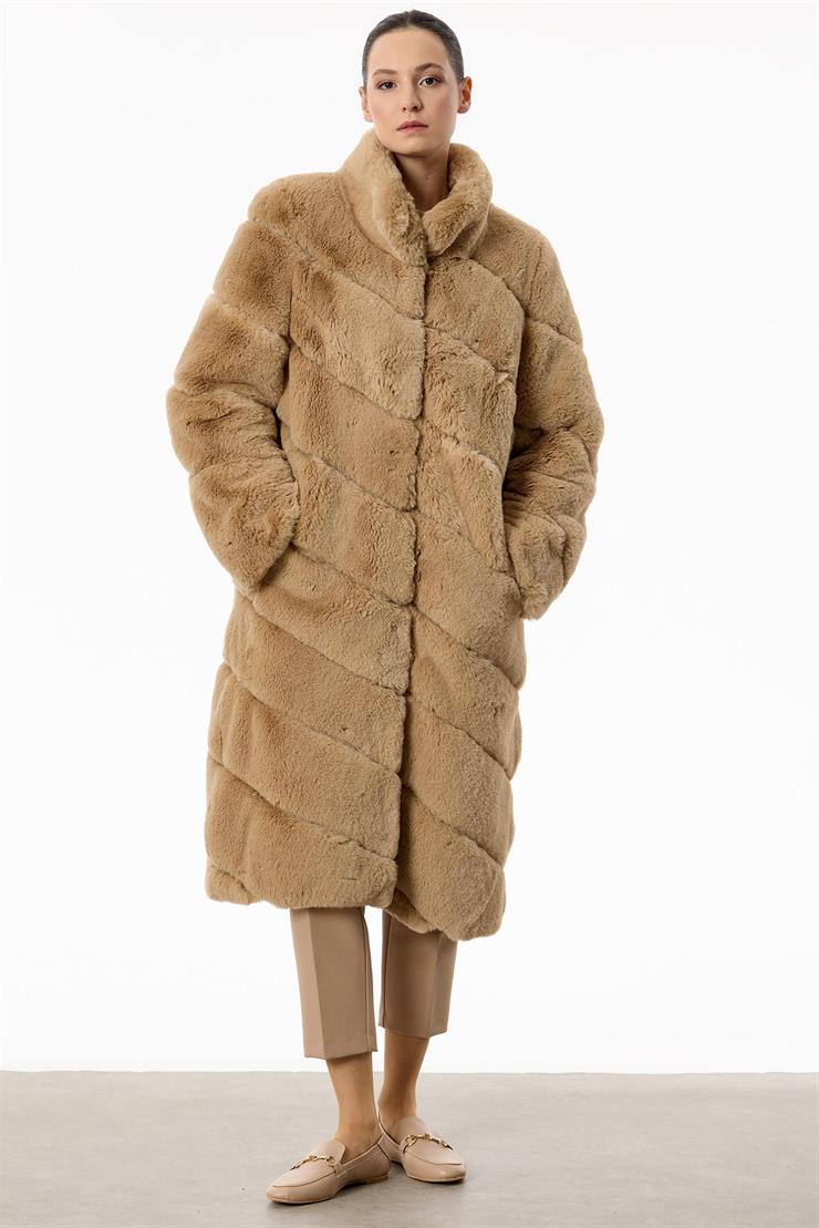 Verev Çizgili Max Boy Kürk Kaban CAMEL