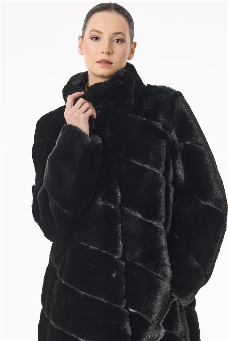 Verev Çizgili Max Boy Kürk Kaban SİYAH