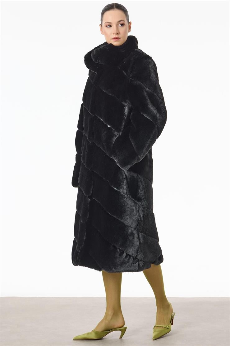 Verev Çizgili Max Boy Kürk Kaban SİYAH