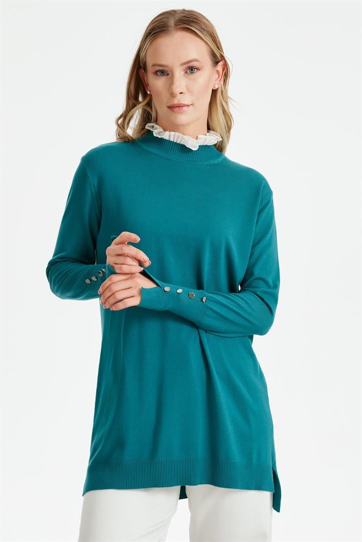 YAKASI FIRFIR  DETAYLI TRİKO TUNİK AÇIKPETROL