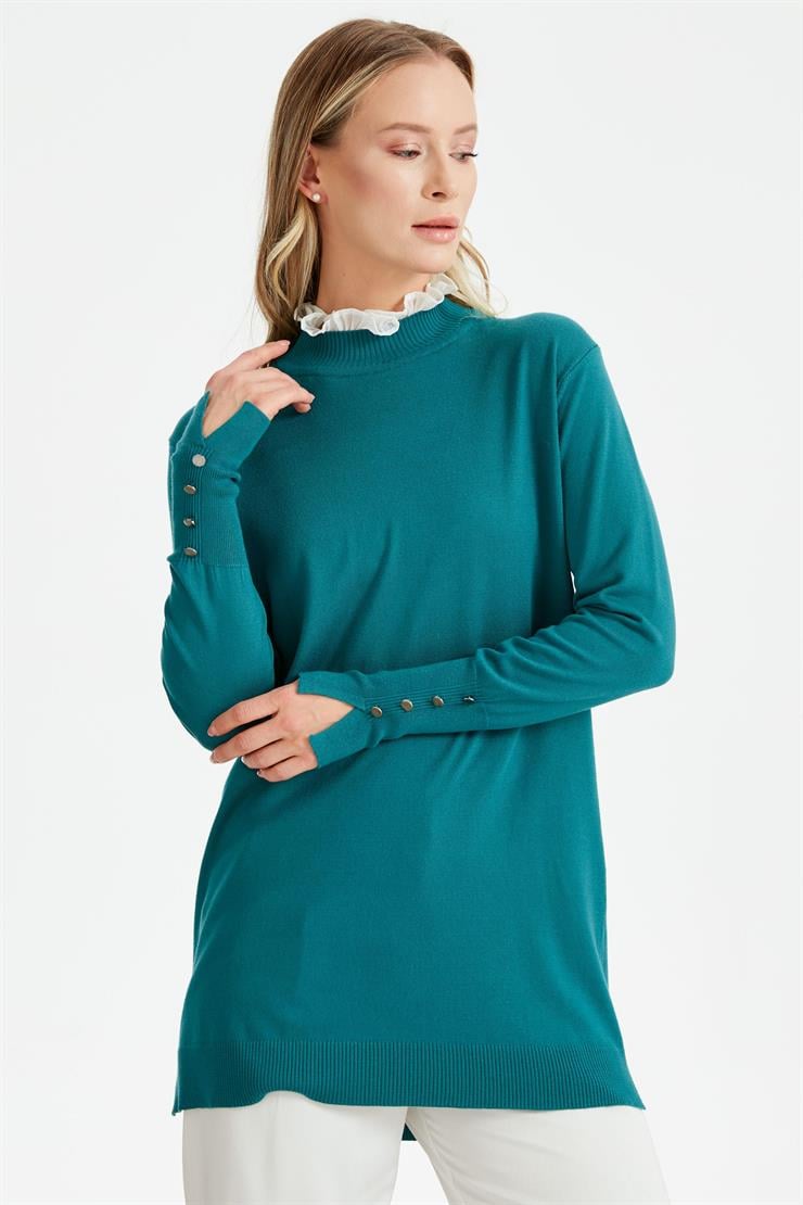 YAKASI FIRFIR  DETAYLI TRİKO TUNİK AÇIKPETROL