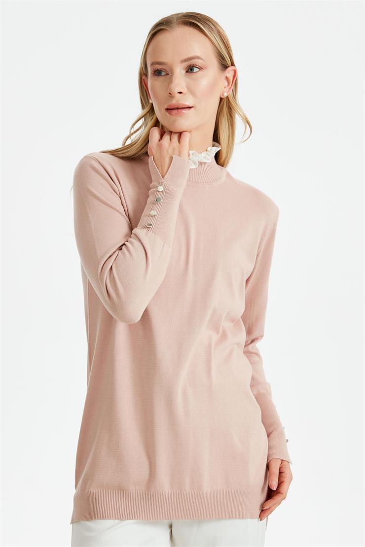 YAKASI FIRFIR  DETAYLI TRİKO TUNİK PUDRA