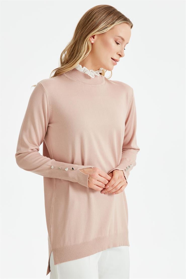 YAKASI FIRFIR  DETAYLI TRİKO TUNİK PUDRA