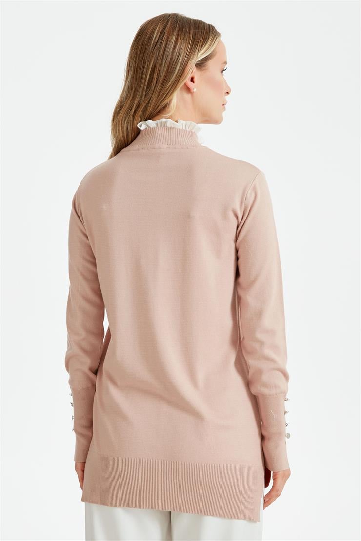 YAKASI FIRFIR  DETAYLI TRİKO TUNİK PUDRA