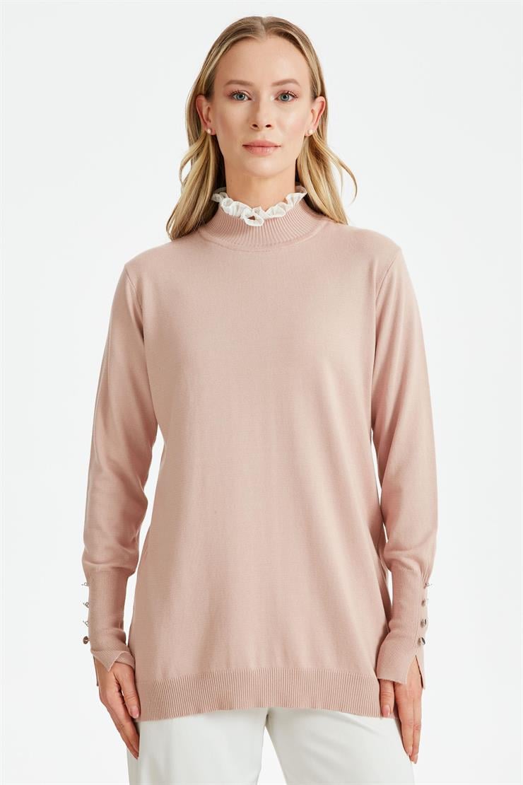 YAKASI FIRFIR  DETAYLI TRİKO TUNİK PUDRA