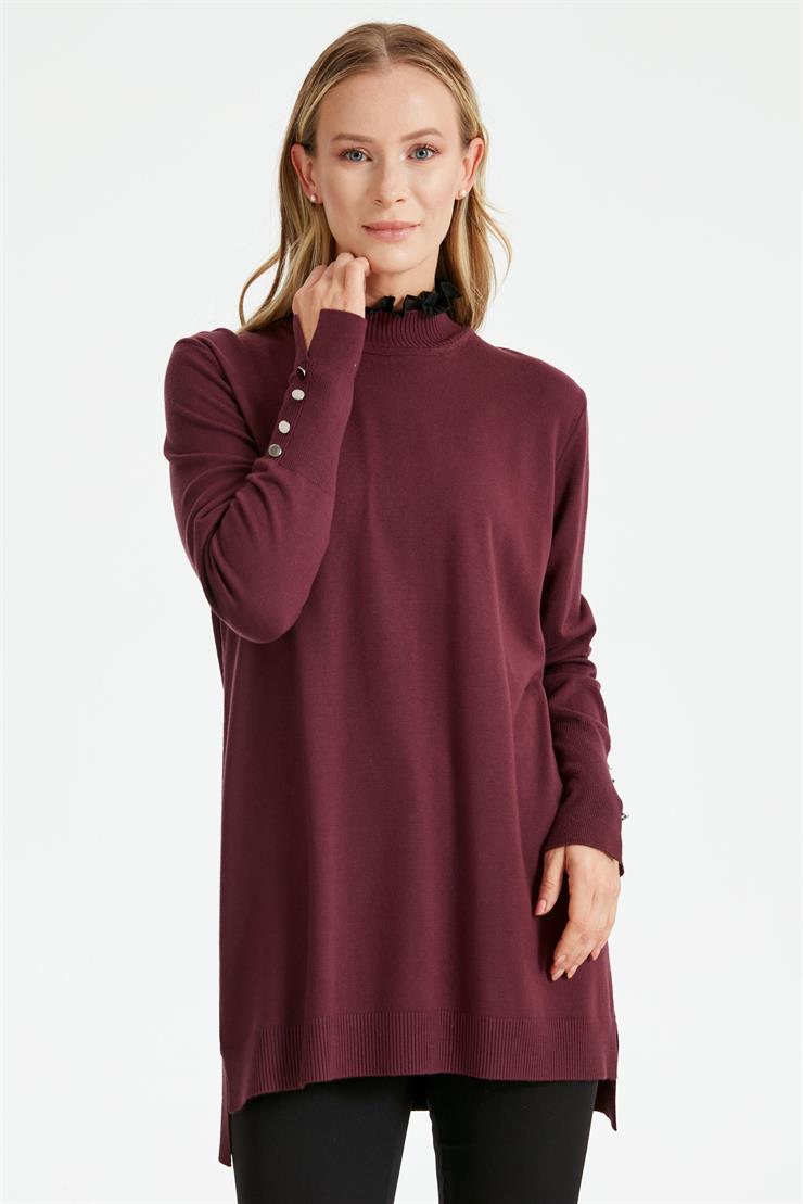 YAKASI FIRFIR  DETAYLI TRİKO TUNİK VİŞNE