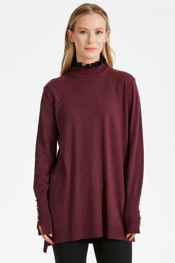 YAKASI FIRFIR  DETAYLI TRİKO TUNİK VİŞNE