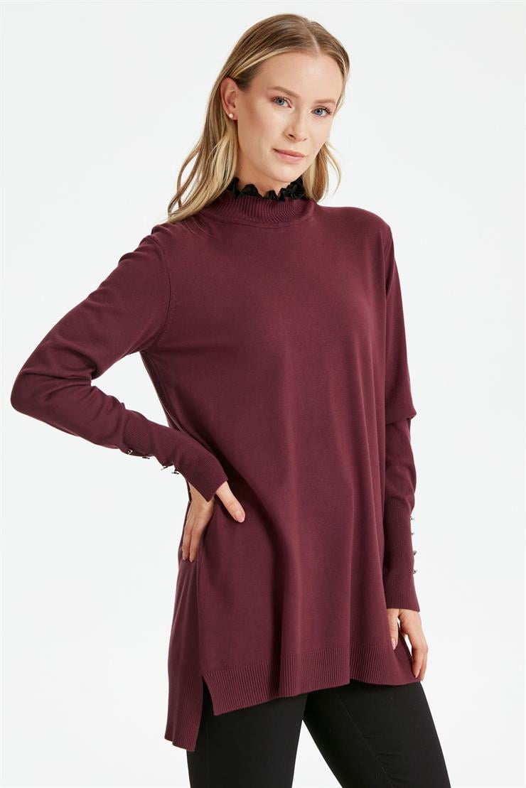 YAKASI FIRFIR  DETAYLI TRİKO TUNİK VİŞNE