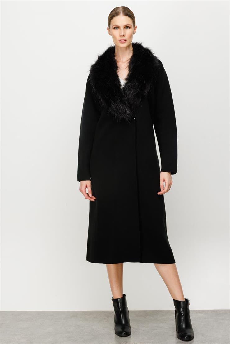 Yaka Kürk Detaylı Pardesü-SİYAH