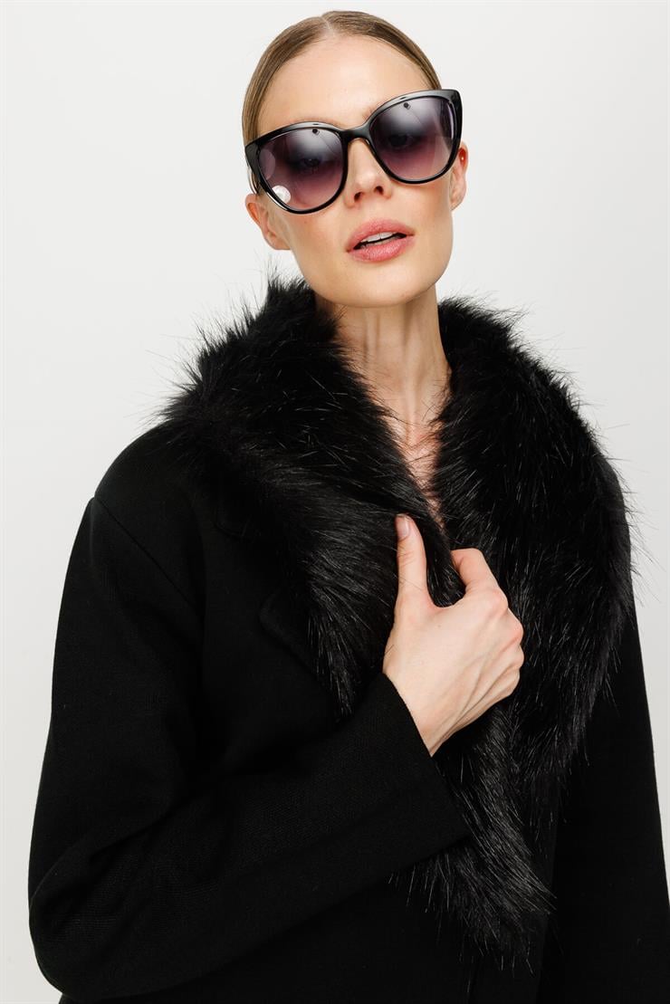 Yaka Kürk Detaylı Pardesü-SİYAH