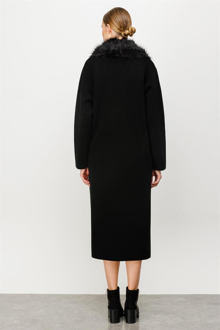 Yaka Kürk Detaylı Pardesü-SİYAH