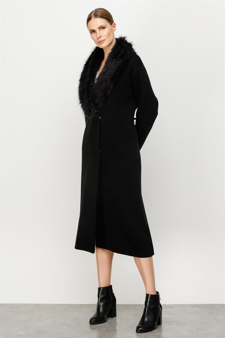 Yaka Kürk Detaylı Pardesü-SİYAH
