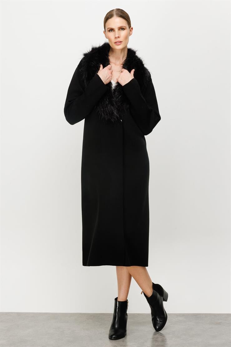 Yaka Kürk Detaylı Pardesü-SİYAH