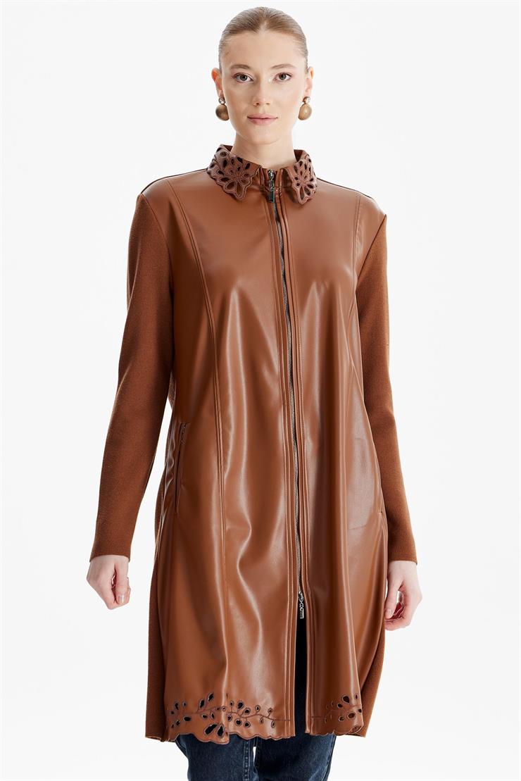 Yaka Ve Etek Ucu Nakışlı Deri Hırka KAHVE