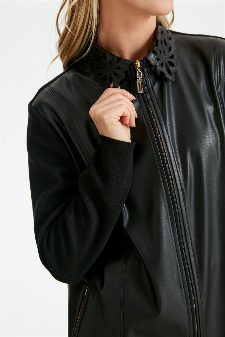 Yaka Ve Etek Ucu Nakışlı Deri Hırka SİYAH