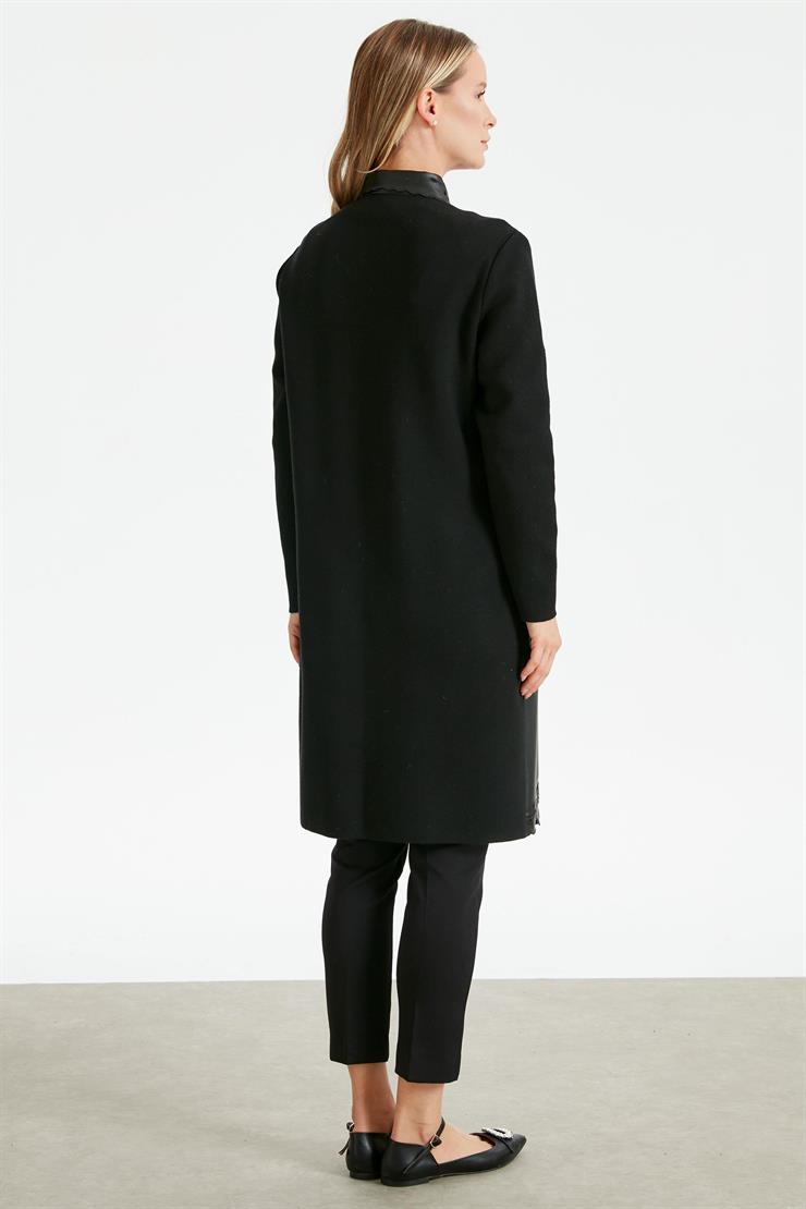 Yaka Ve Etek Ucu Nakışlı Deri Hırka SİYAH