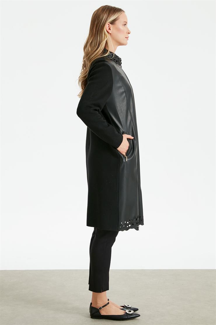 Yaka Ve Etek Ucu Nakışlı Deri Hırka SİYAH