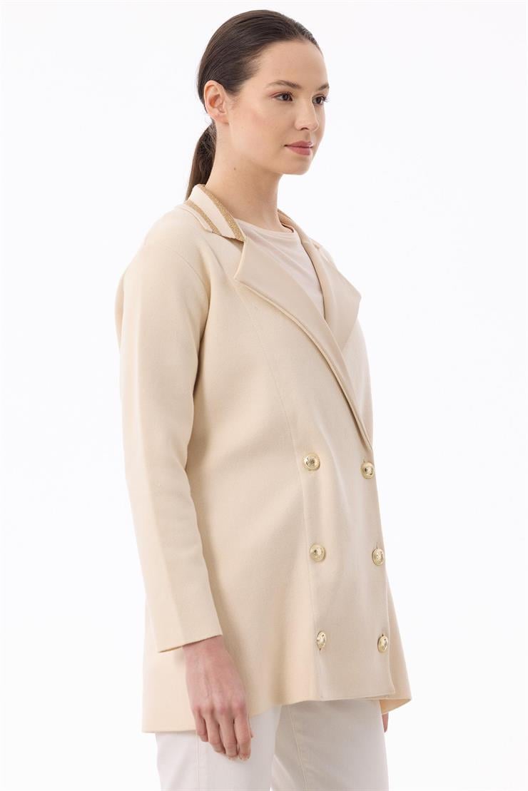 Yakası Deri  Detaylı Çizgili Triko Ceket VANİLYA