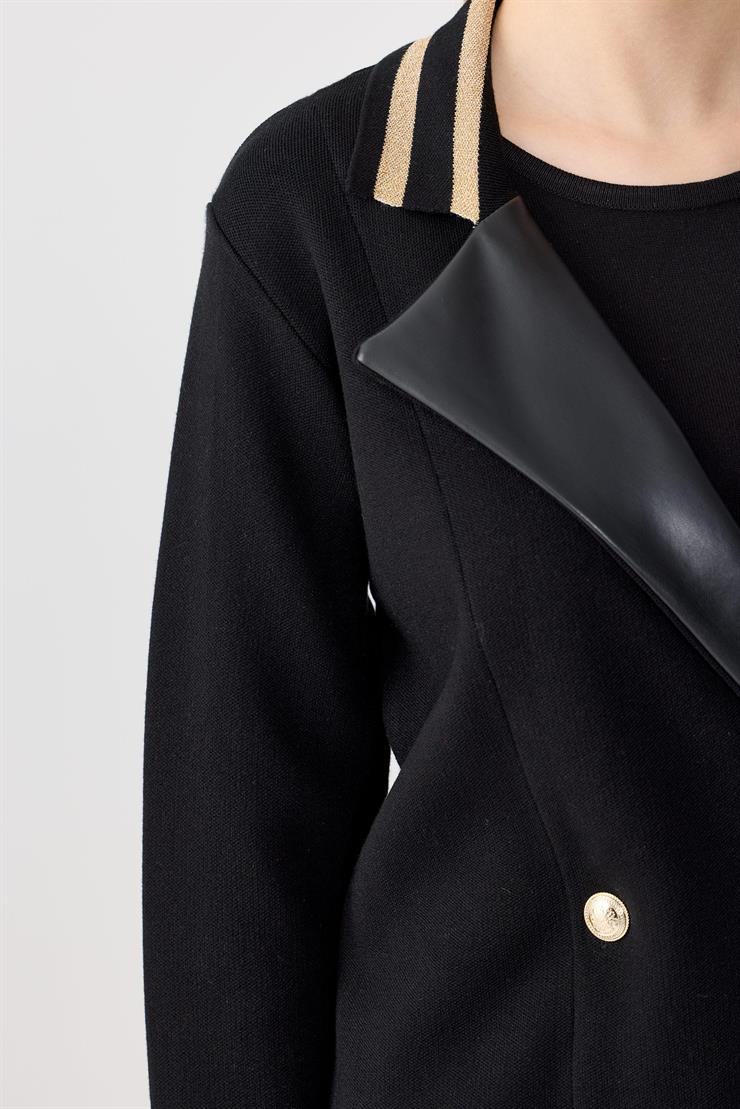 Yakası Deri  Detaylı Çizgili Triko Ceket SİYAH