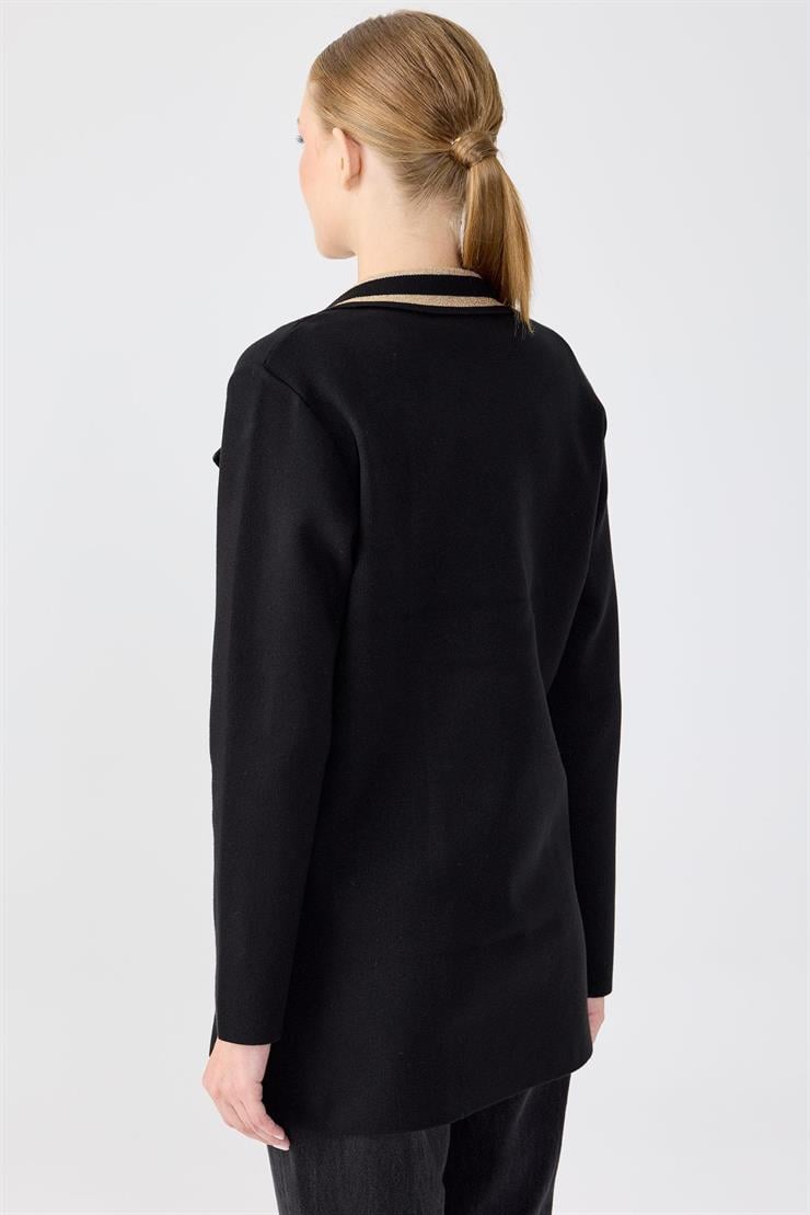 Yakası Deri  Detaylı Çizgili Triko Ceket SİYAH