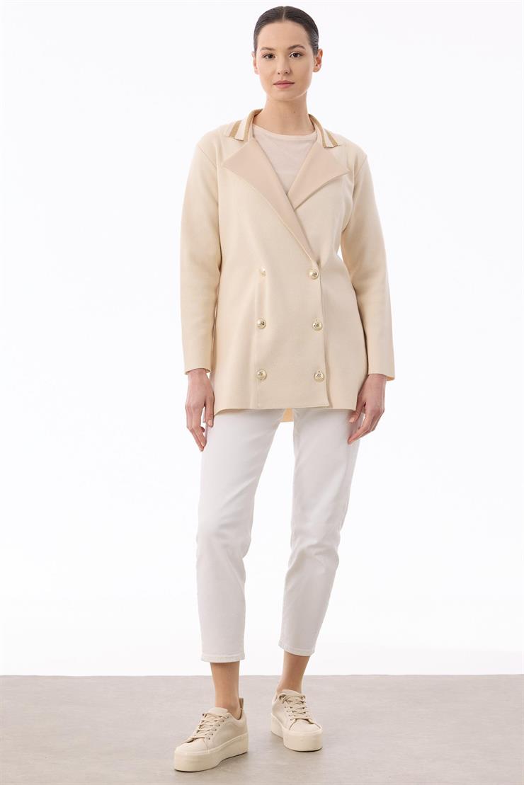 Yakası Deri  Detaylı Çizgili Triko Ceket VANİLYA