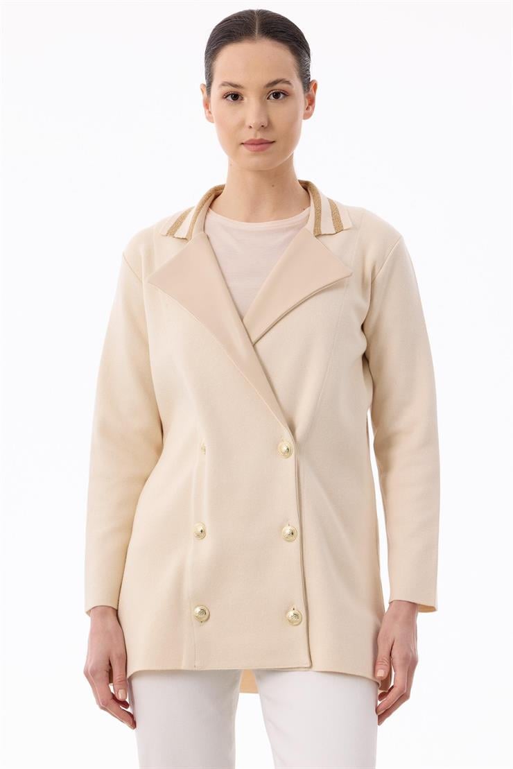 Yakası Deri  Detaylı Çizgili Triko Ceket VANİLYA