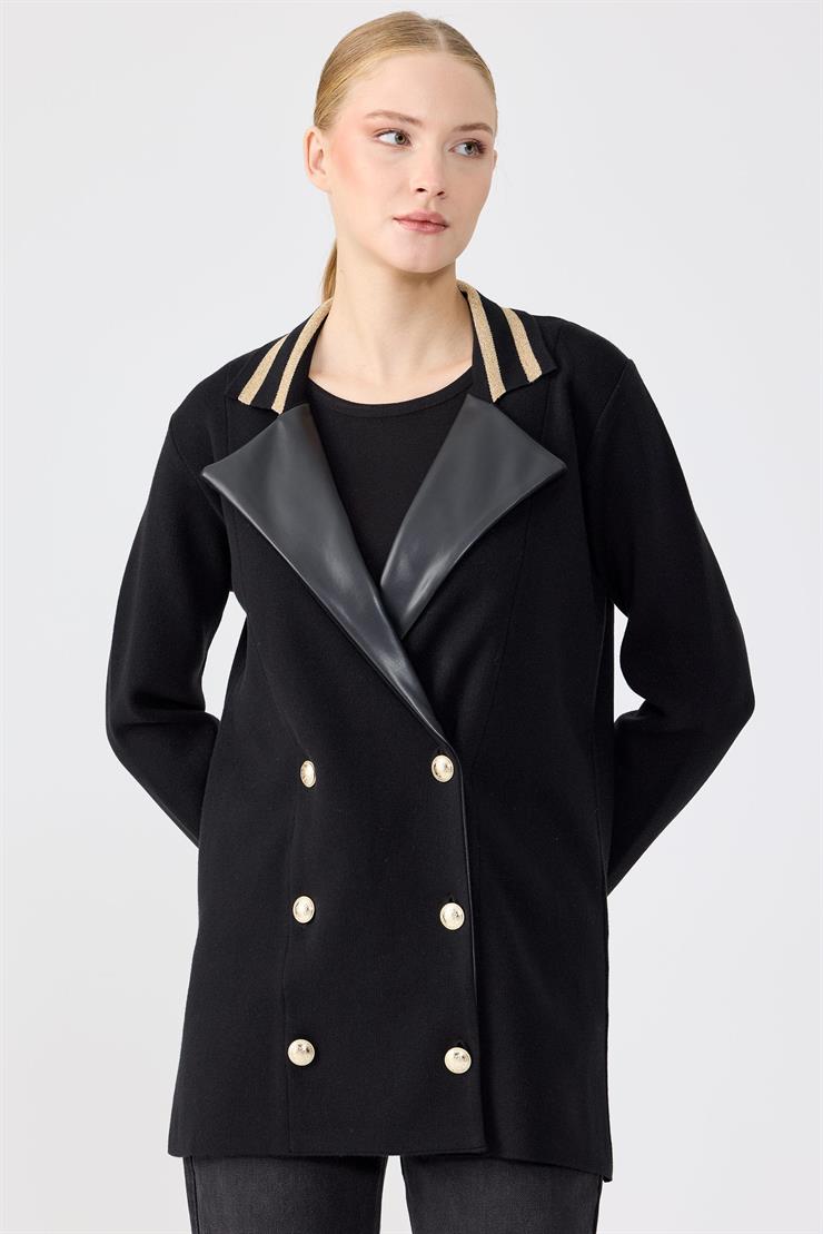 Yakası Deri  Detaylı Çizgili Triko Ceket SİYAH