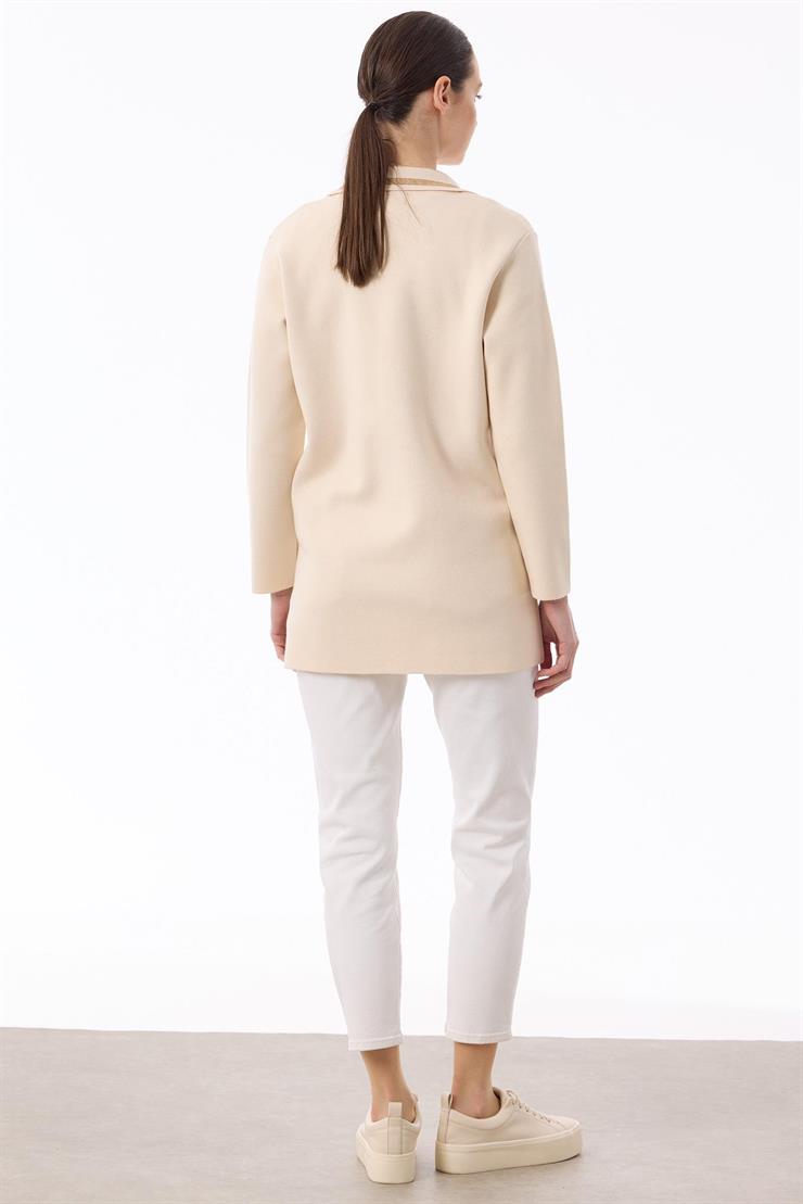 Yakası Deri  Detaylı Çizgili Triko Ceket VANİLYA