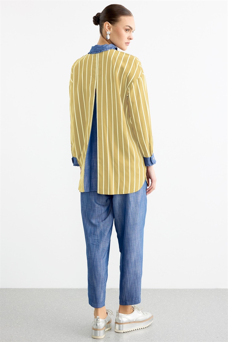 Yakası Fırfır Detaylı Yarım Patlı Tunik Pantolon Takım SARI