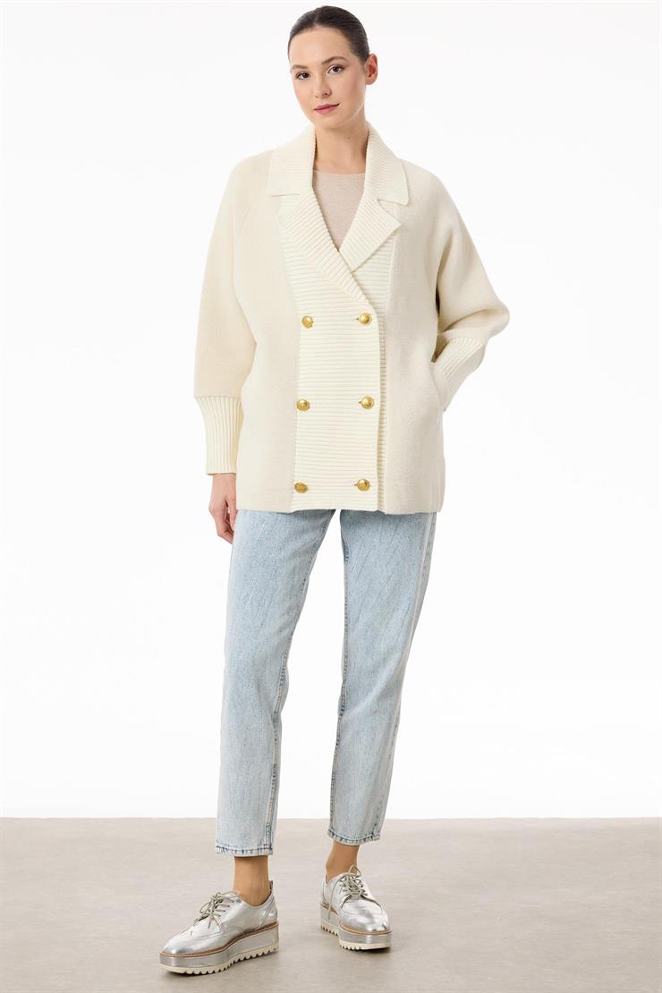 Yakası Fitilli Kruvaze Triko Kaban BEJ