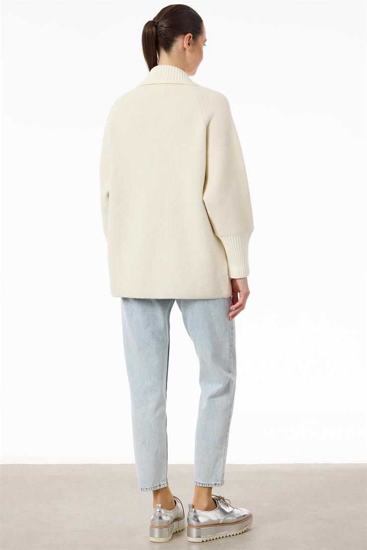 Yakası Fitilli Kruvaze Triko Kaban BEJ