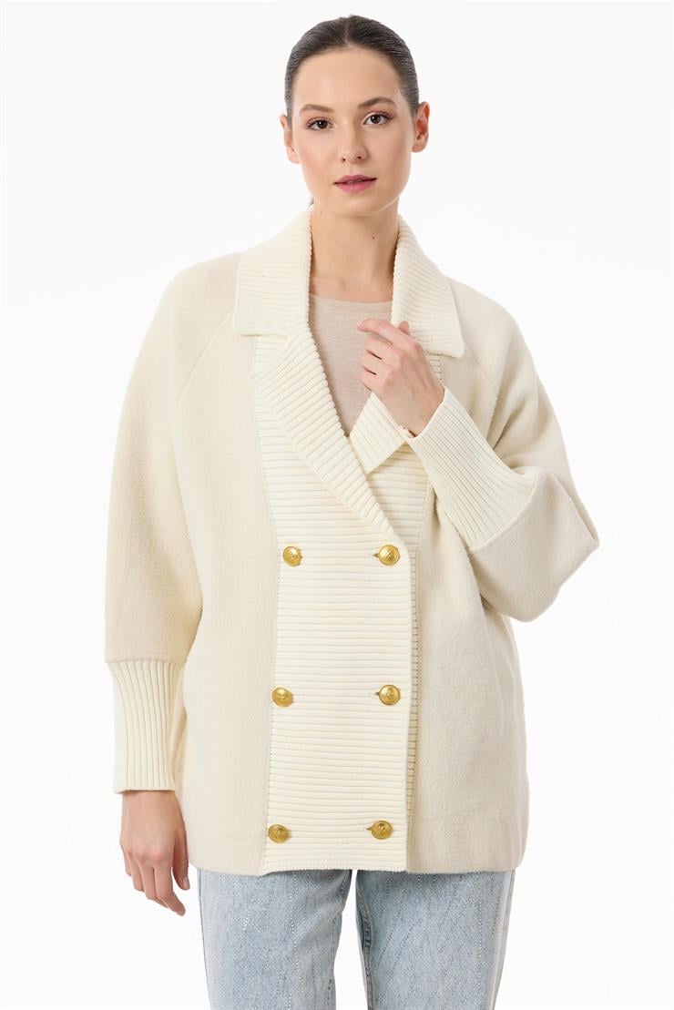 Yakası Fitilli Kruvaze Triko Kaban BEJ