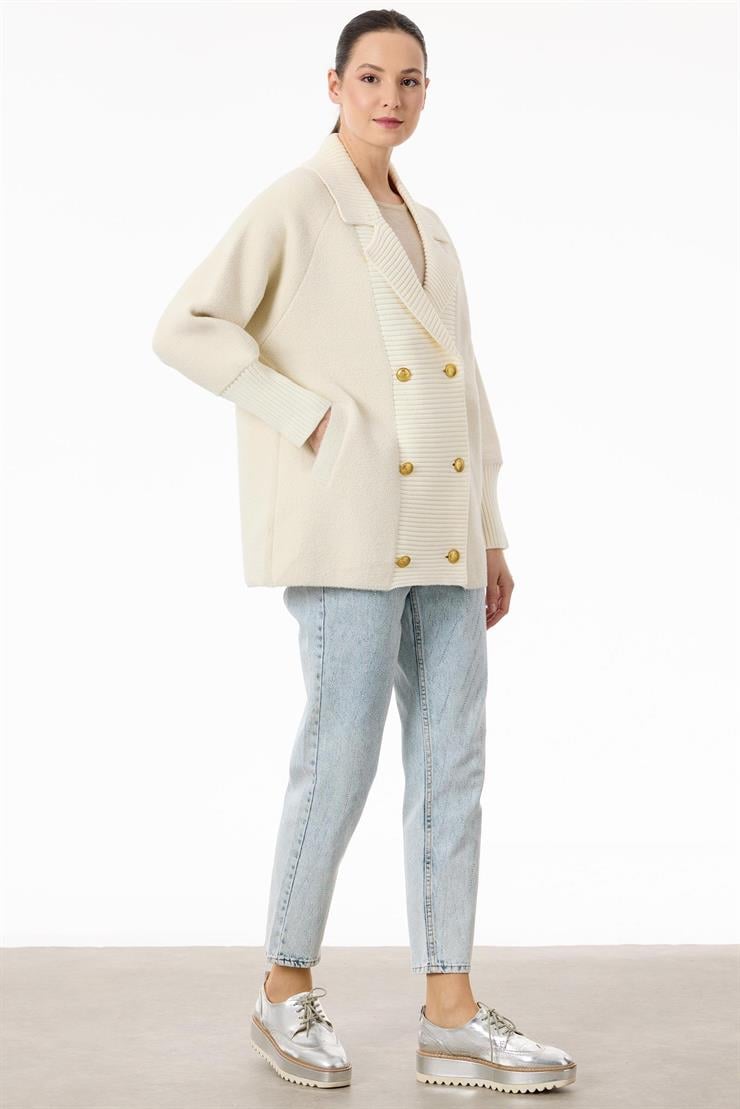 Yakası Fitilli Kruvaze Triko Kaban BEJ