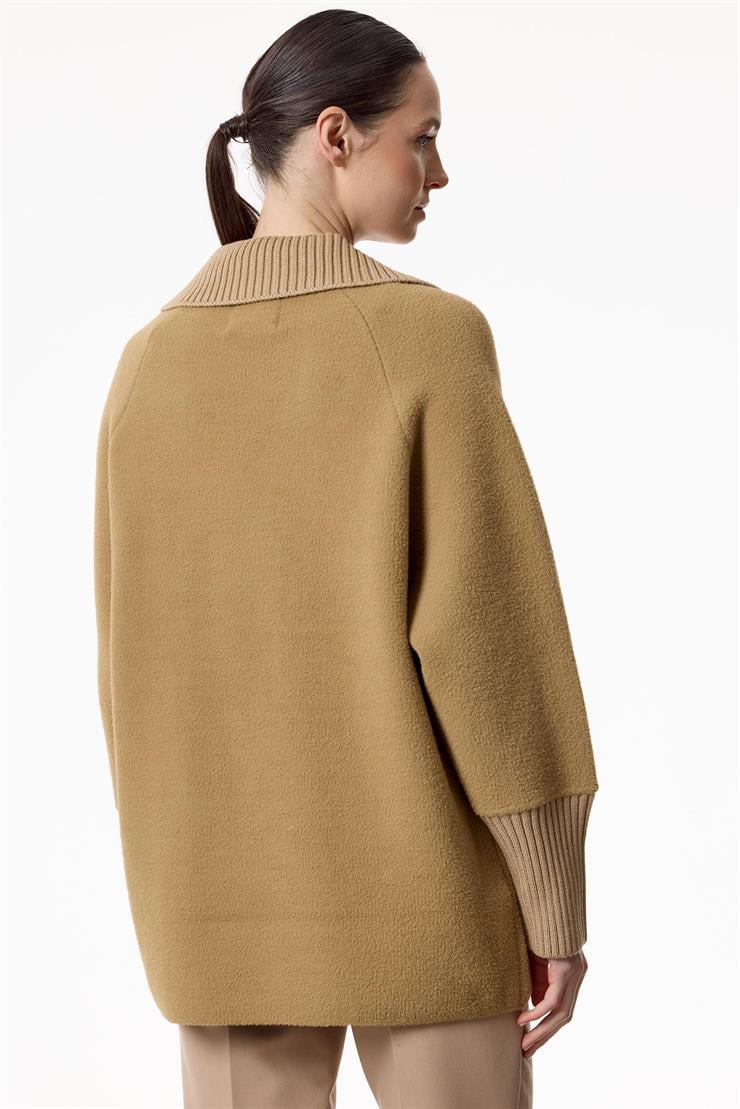 Yakası Fitilli Kruvaze Triko Kaban CAMEL