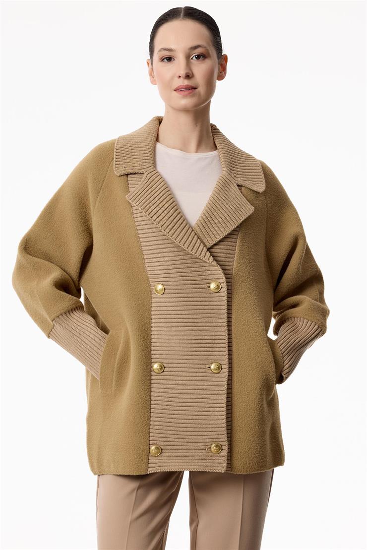 Yakası Fitilli Kruvaze Triko Kaban CAMEL