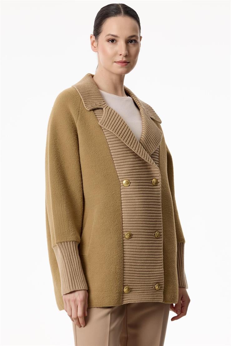 Yakası Fitilli Kruvaze Triko Kaban CAMEL