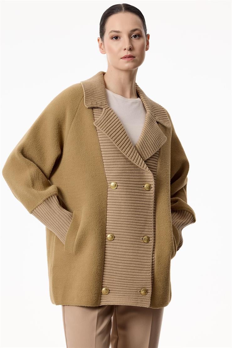 Yakası Fitilli Kruvaze Triko Kaban CAMEL