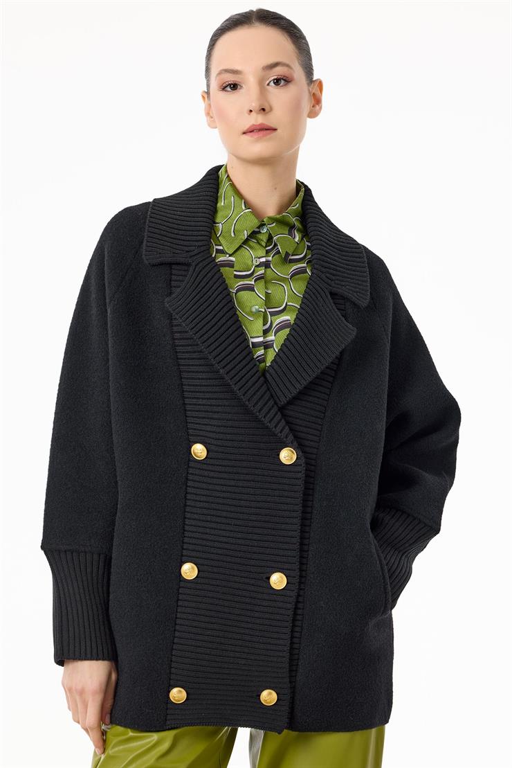 Yakası Fitilli Kruvaze Triko Kaban SİYAH