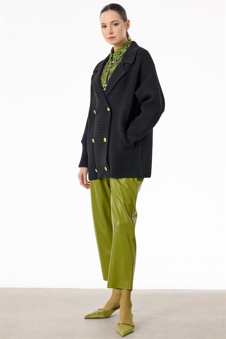 Yakası Fitilli Kruvaze Triko Kaban SİYAH