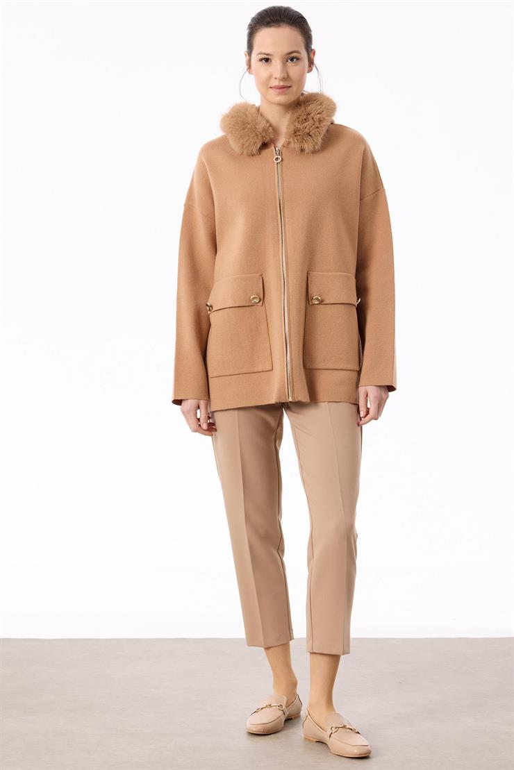 Yakası Kürklü Hırka CAMEL