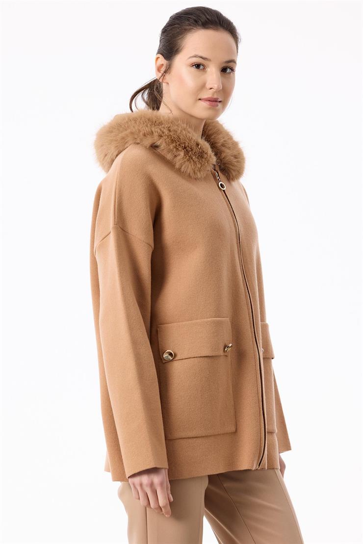 Yakası Kürklü Hırka CAMEL