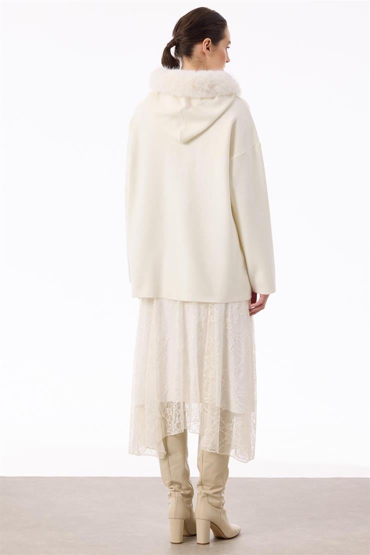 Yakası Kürklü Hırka EKRU