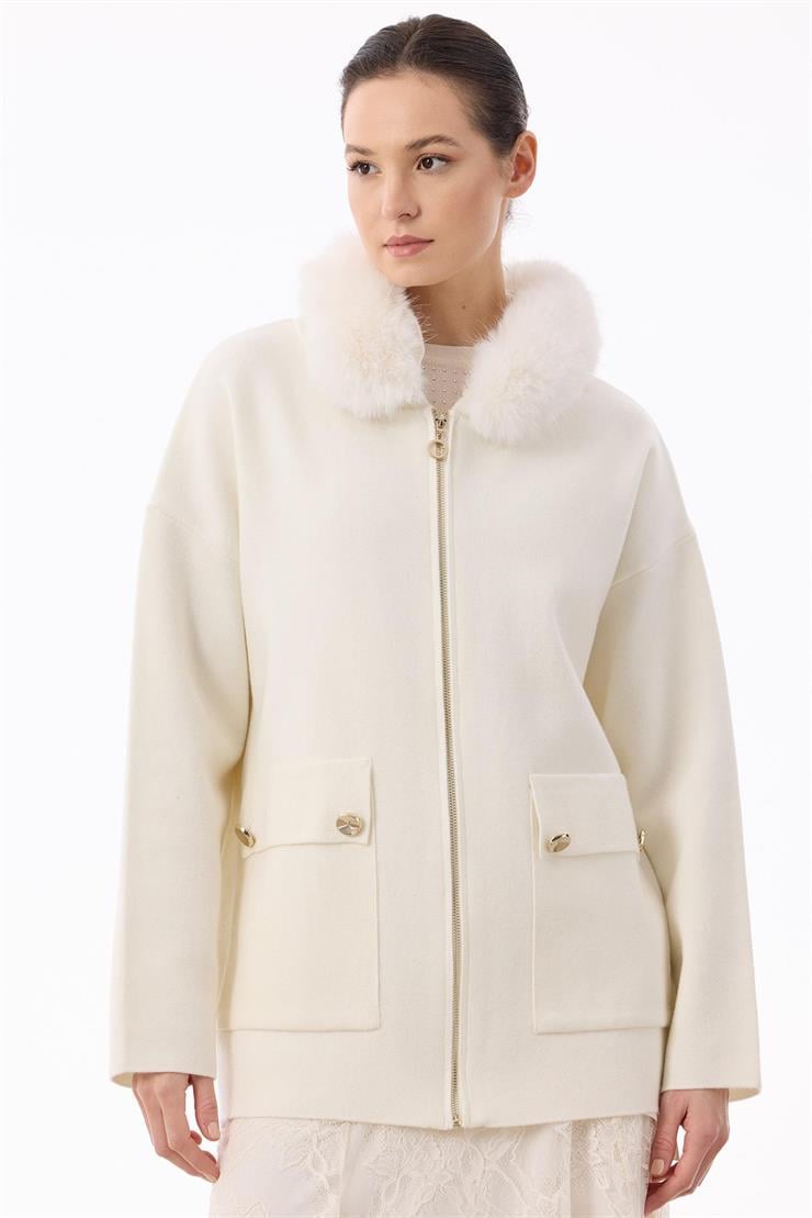 Yakası Kürklü Hırka EKRU