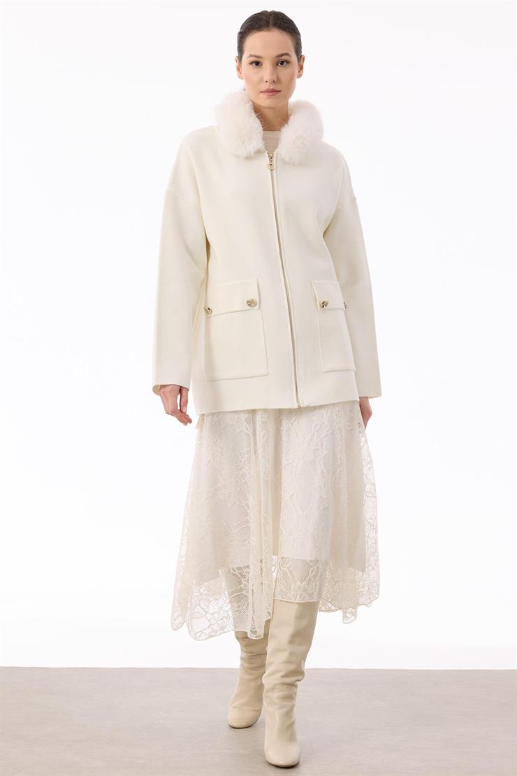 Yakası Kürklü Hırka EKRU